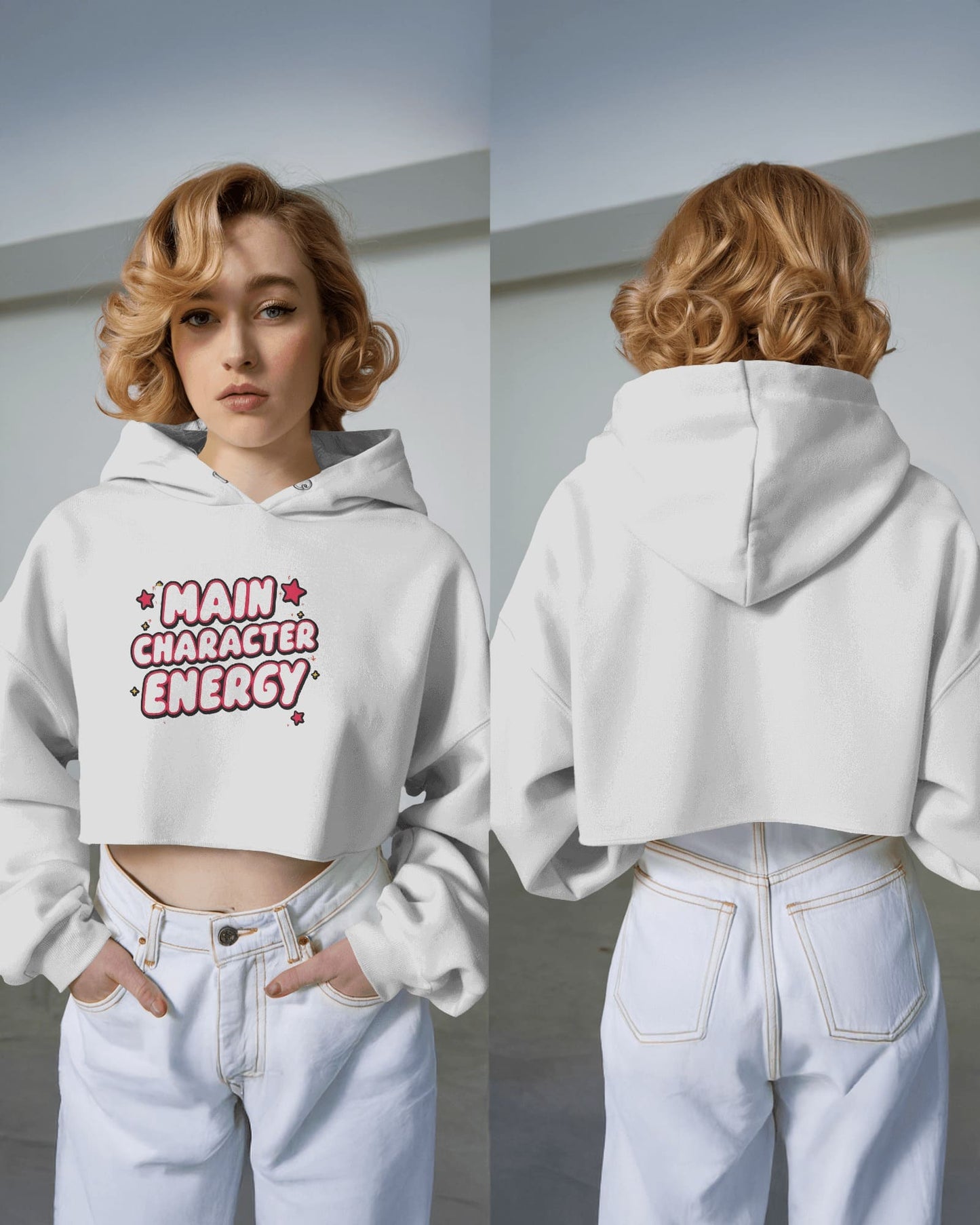 "Main Character Energy" Crop Hoodie – White Hot Style with Star Power