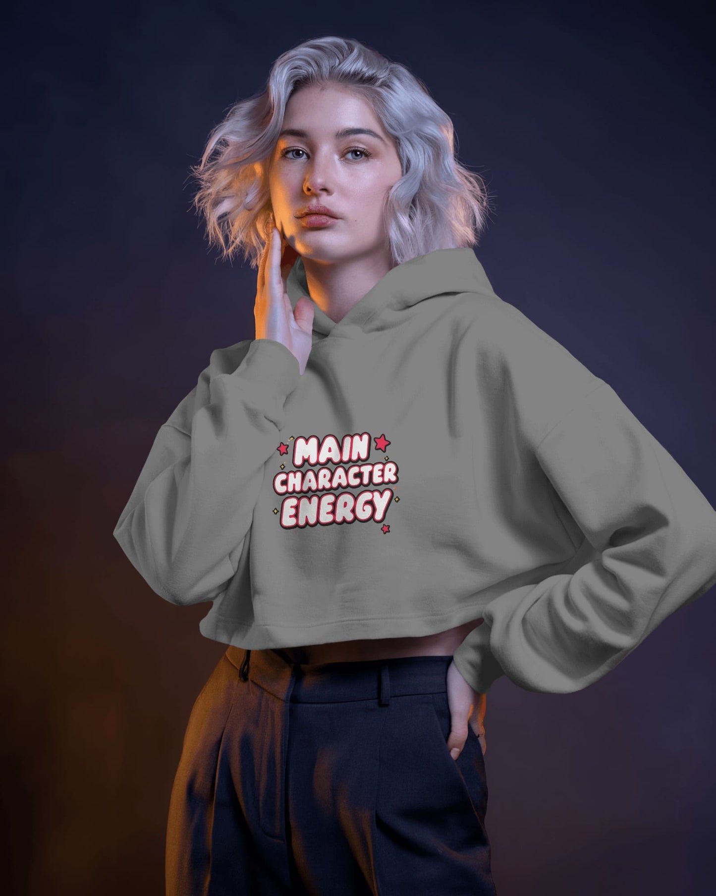 "Main Character Energy" Crop Hoodie – White Hot Style with Star Power