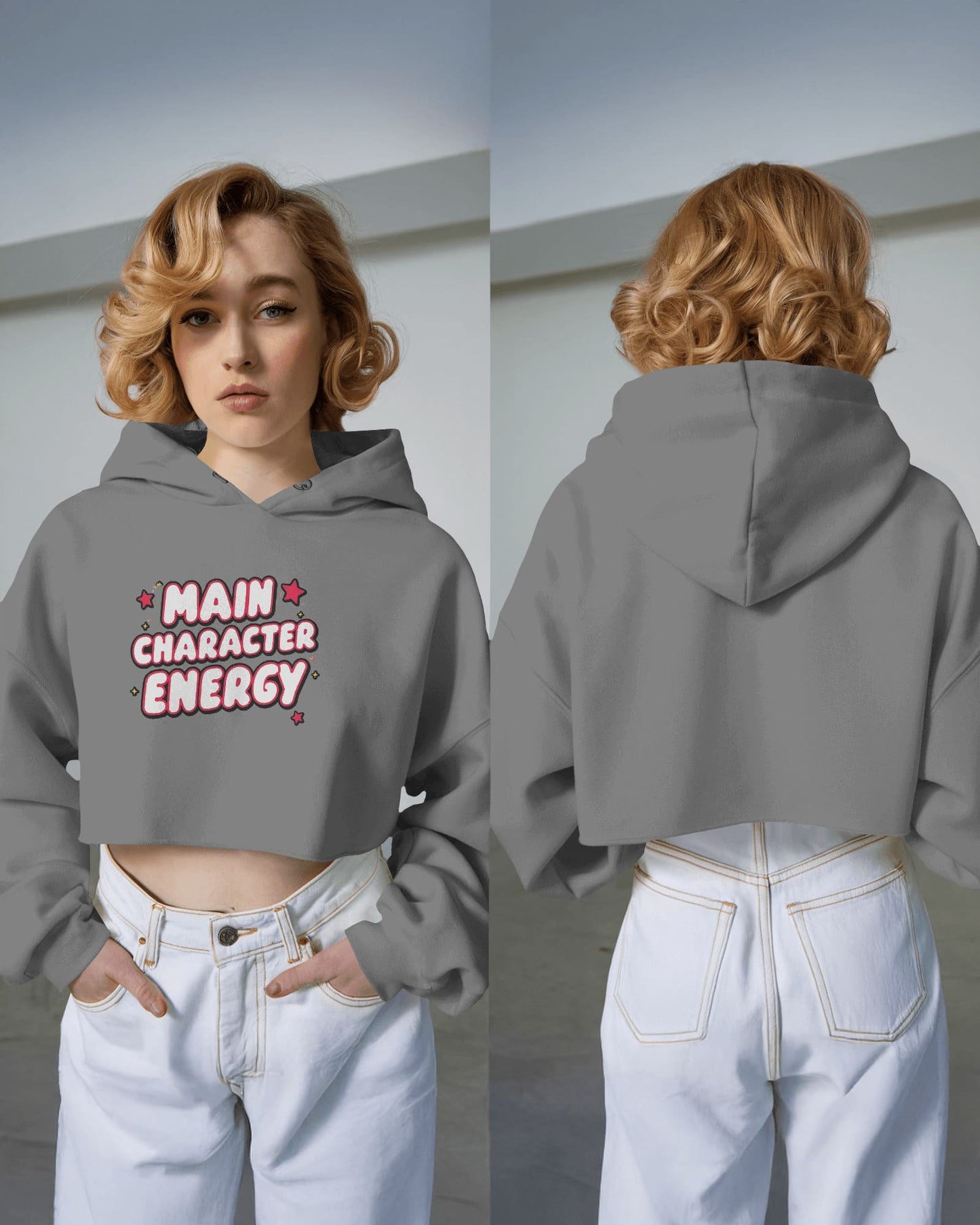 "Main Character Energy" Crop Hoodie – White Hot Style with Star Power