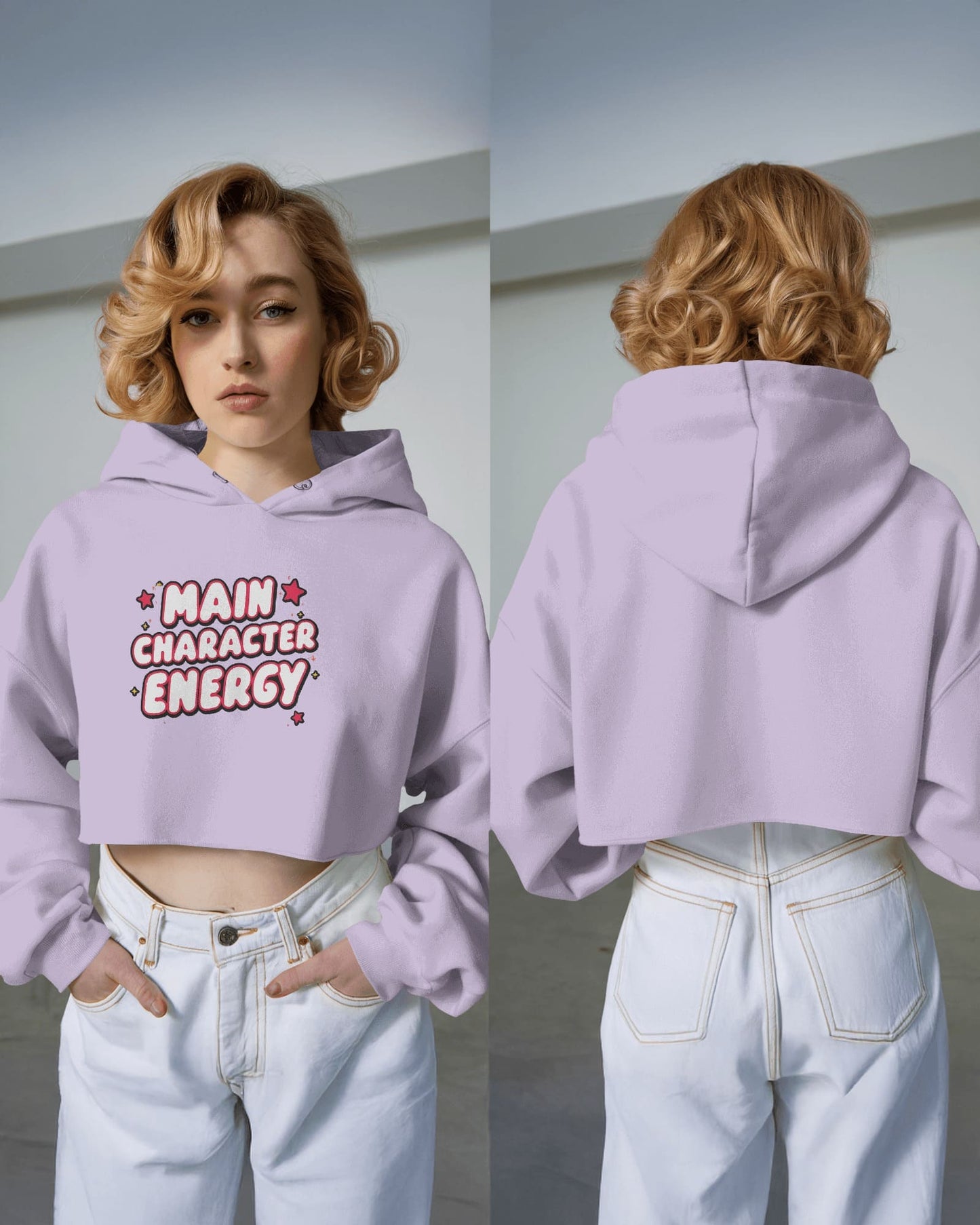 "Main Character Energy" Crop Hoodie – White Hot Style with Star Power
