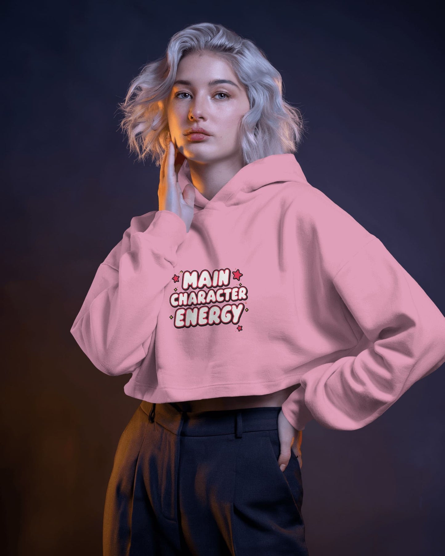 "Main Character Energy" Crop Hoodie – White Hot Style with Star Power