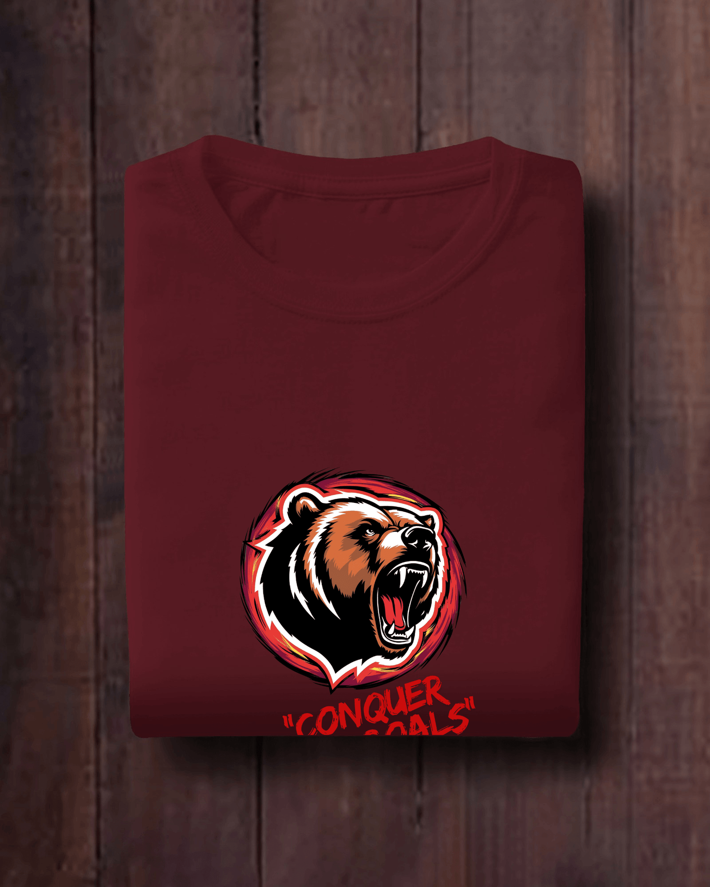 Motivational Bear Graphic Tee - 'Conquer Your Goals' Men Heavy Cotton Shirt