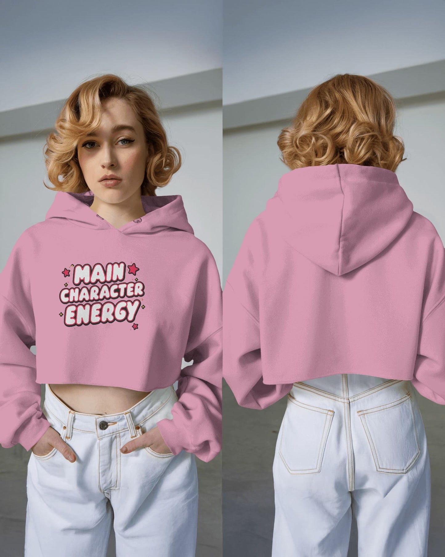 "Main Character Energy" Crop Hoodie – White Hot Style with Star Power