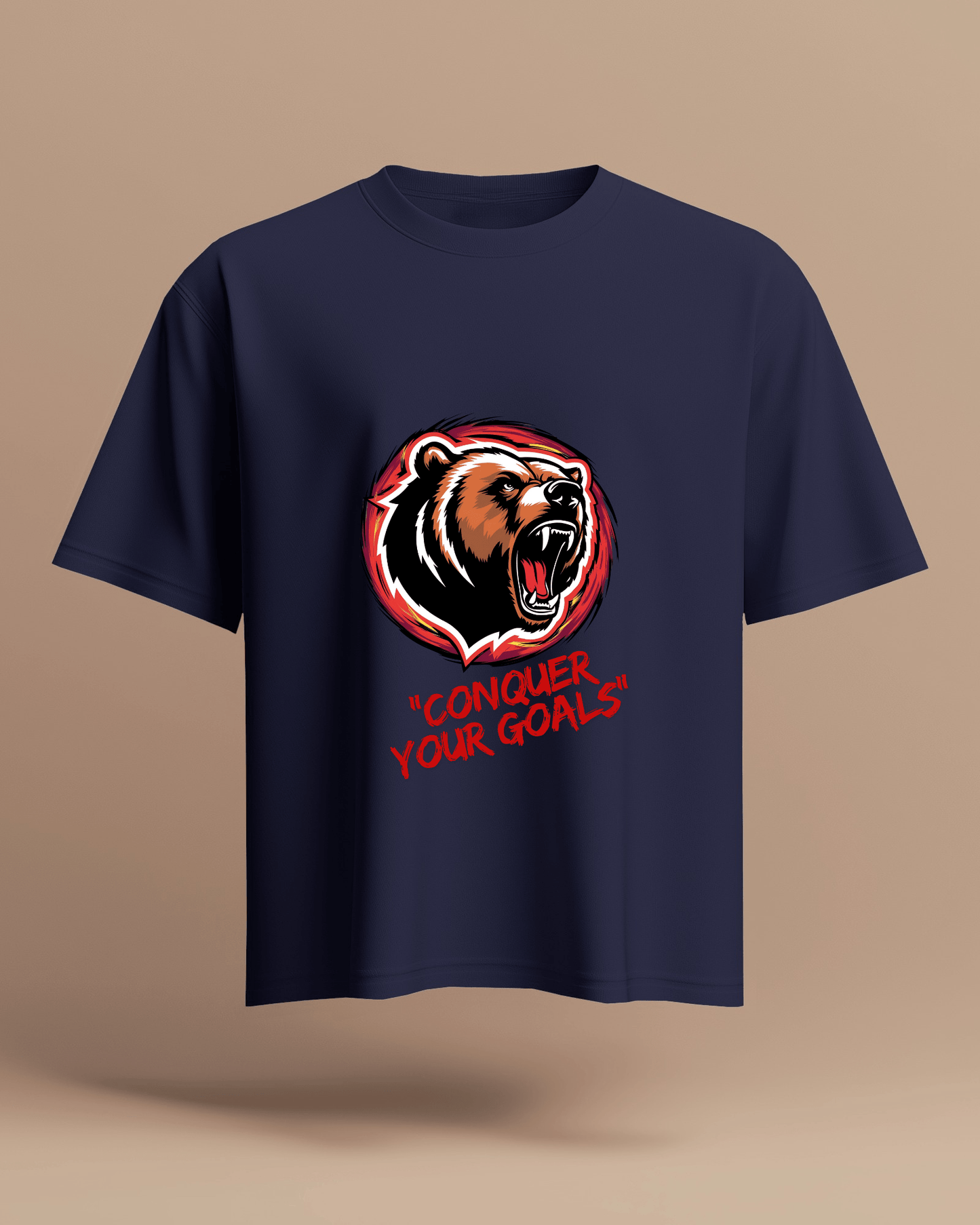 Motivational Bear Graphic Tee - 'Conquer Your Goals' Men Heavy Cotton Shirt