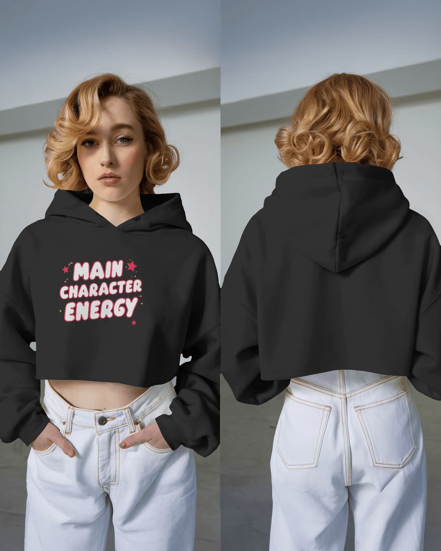 "Main Character Energy" Crop Hoodie – White Hot Style with Star Power
