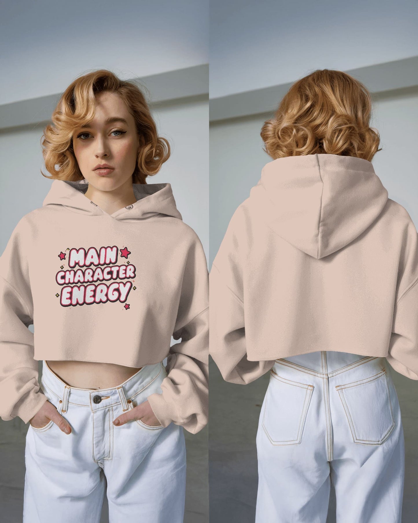 "Main Character Energy" Crop Hoodie – White Hot Style with Star Power