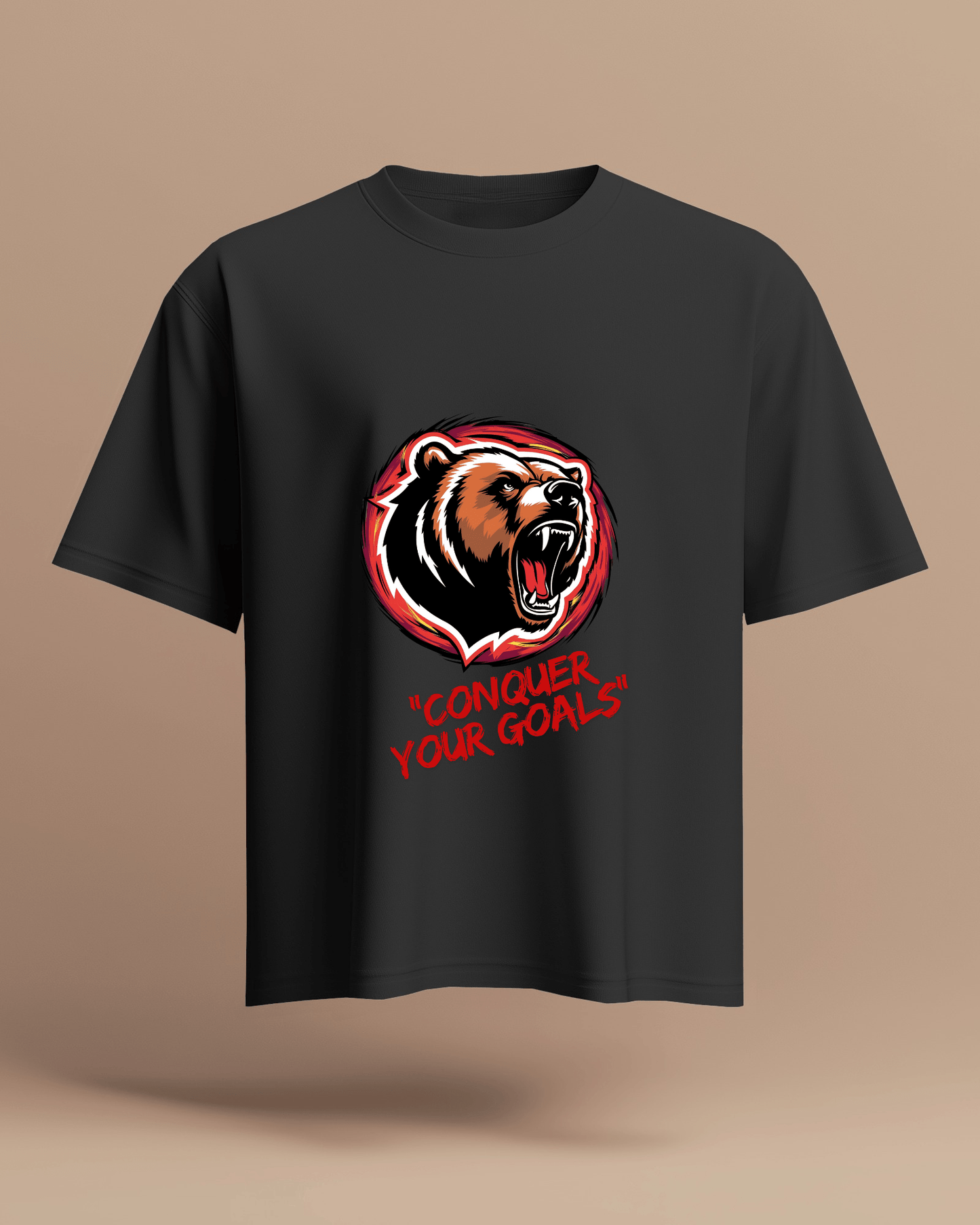 Motivational Bear Graphic Tee - 'Conquer Your Goals' Men Heavy Cotton Shirt
