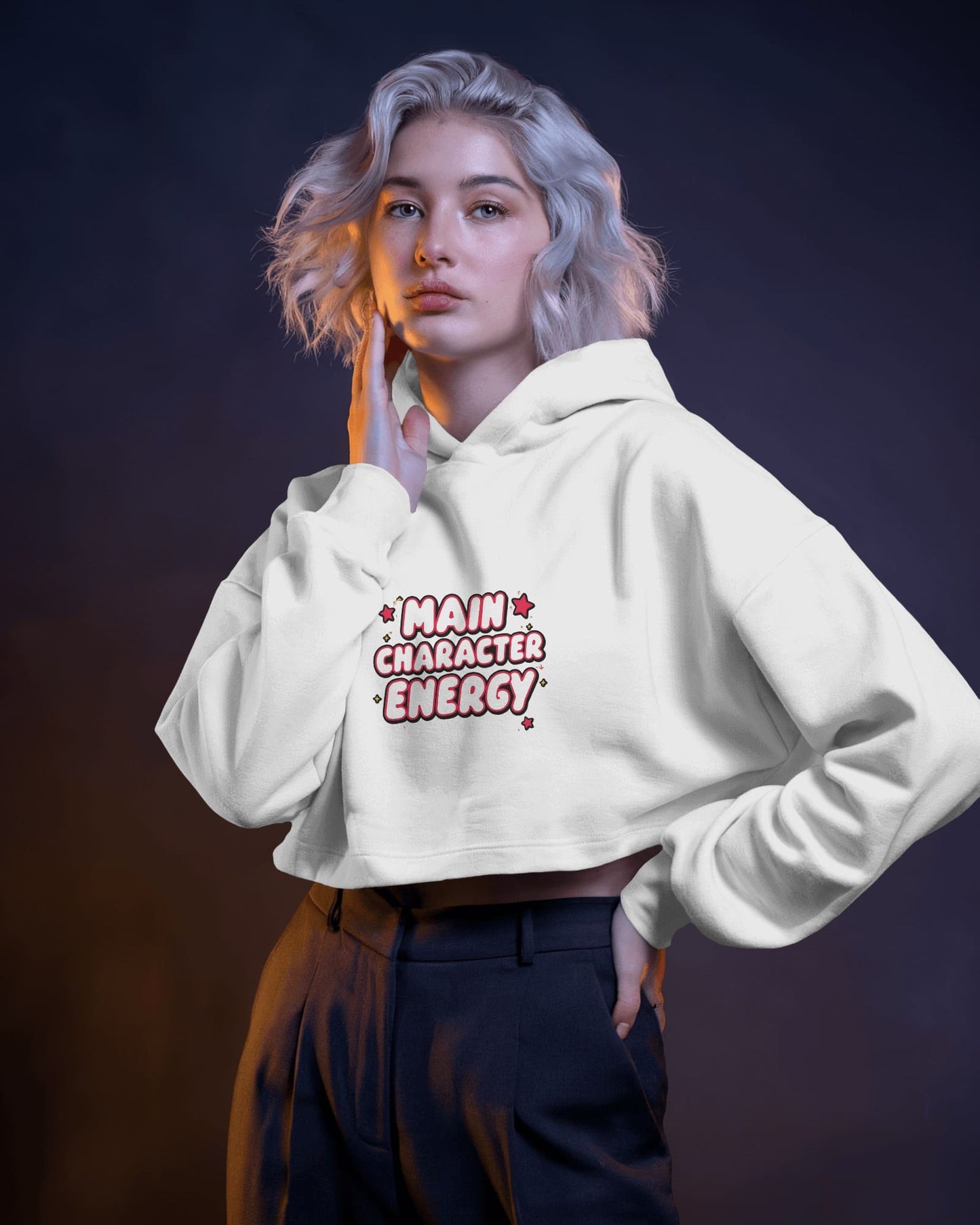 "Main Character Energy" Crop Hoodie – White Hot Style with Star Power