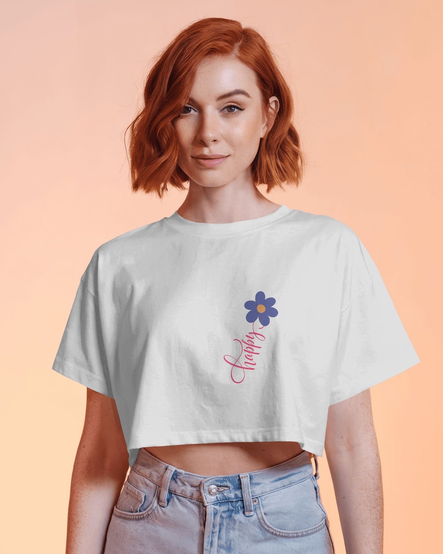Happy Floral Women's Crop Tee | Casual Summer Top, Gift for Her, Trendy Cropped Shirt, Spring Fashion, Birthday Gift