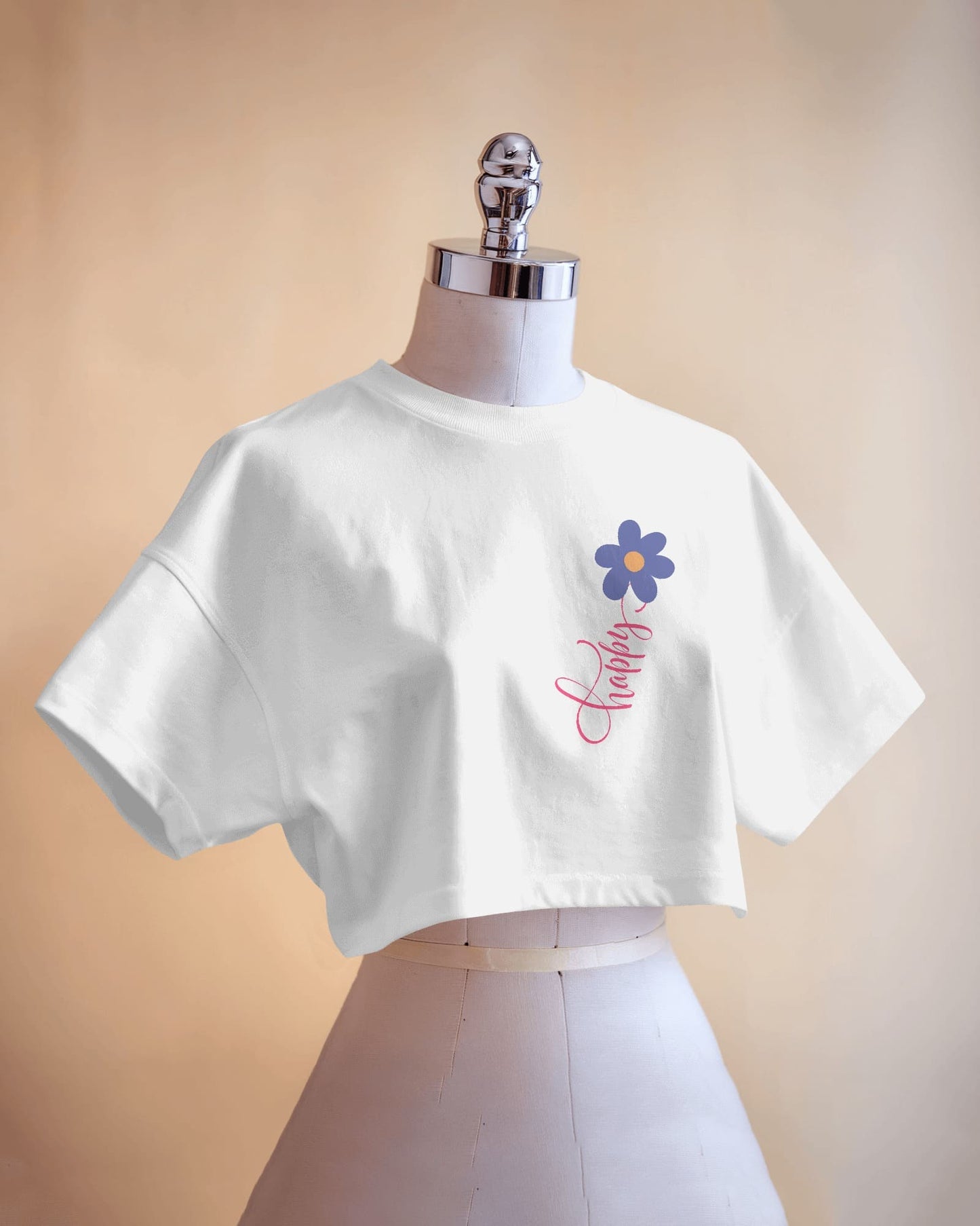 Happy Floral Women's Crop Tee | Casual Summer Top, Gift for Her, Trendy Cropped Shirt, Spring Fashion, Birthday Gift