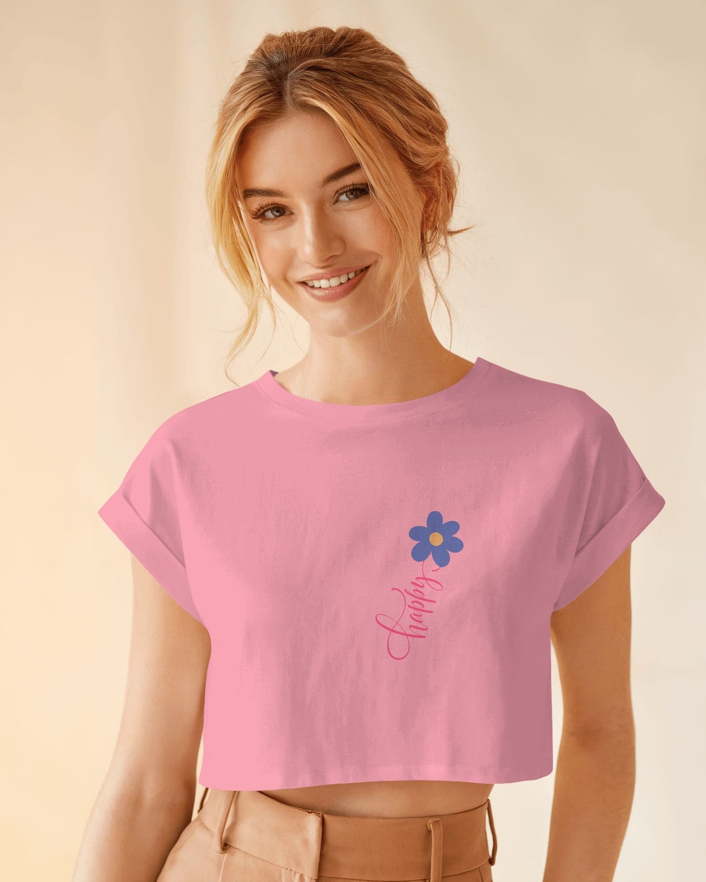 Happy Floral Women's Crop Tee | Casual Summer Top, Gift for Her, Trendy Cropped Shirt, Spring Fashion, Birthday Gift