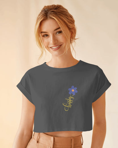Happy Floral Women's Crop Tee | Casual Summer Top, Gift for Her, Trendy Cropped Shirt, Spring Fashion, Birthday Gift
