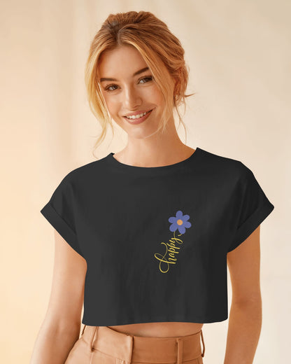 Happy Floral Women's Crop Tee | Casual Summer Top, Gift for Her, Trendy Cropped Shirt, Spring Fashion, Birthday Gift