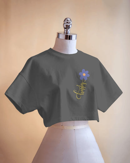 Happy Floral Women's Crop Tee | Casual Summer Top, Gift for Her, Trendy Cropped Shirt, Spring Fashion, Birthday Gift