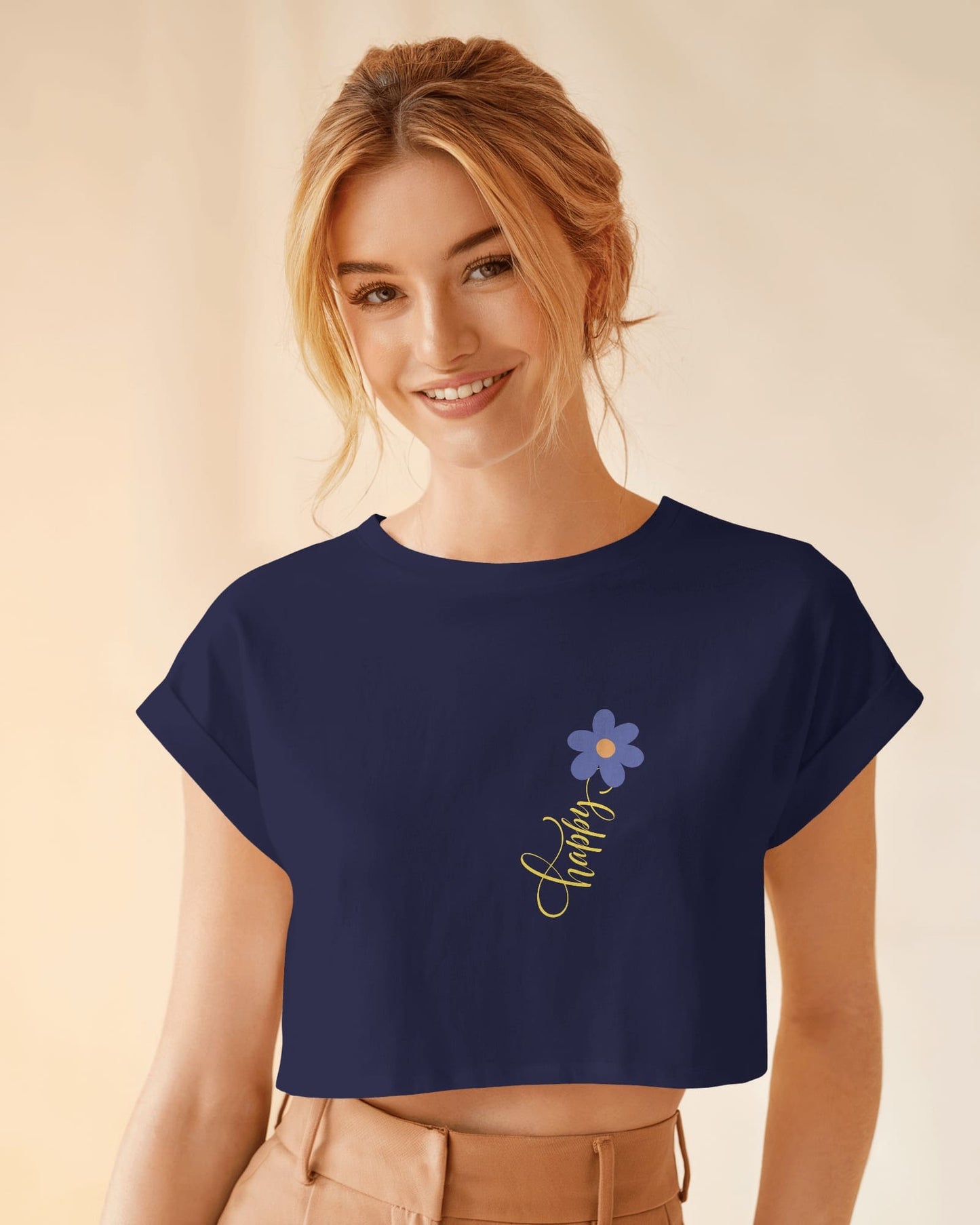 Happy Floral Women's Crop Tee | Casual Summer Top, Gift for Her, Trendy Cropped Shirt, Spring Fashion, Birthday Gift