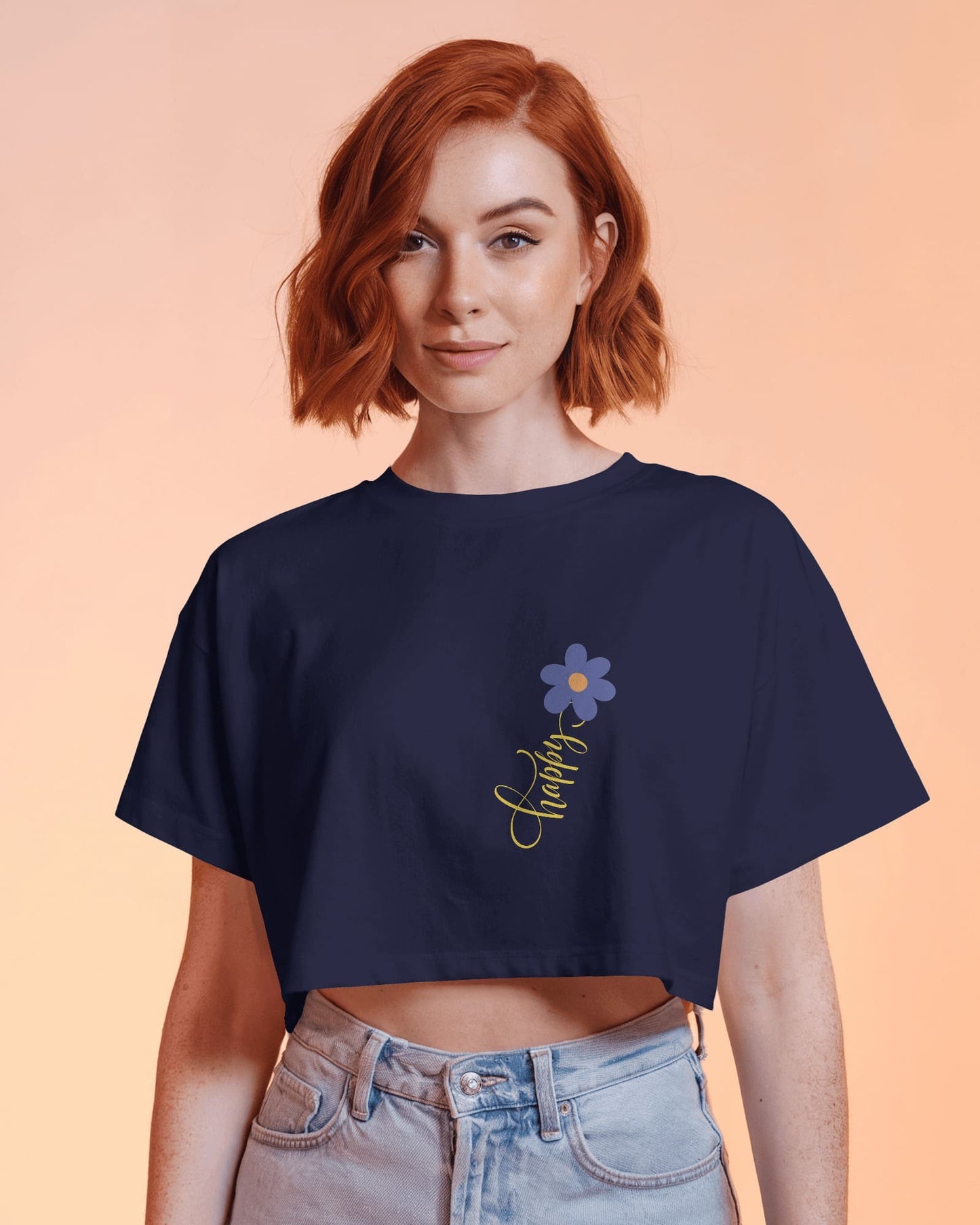 Happy Floral Women's Crop Tee | Casual Summer Top, Gift for Her, Trendy Cropped Shirt, Spring Fashion, Birthday Gift