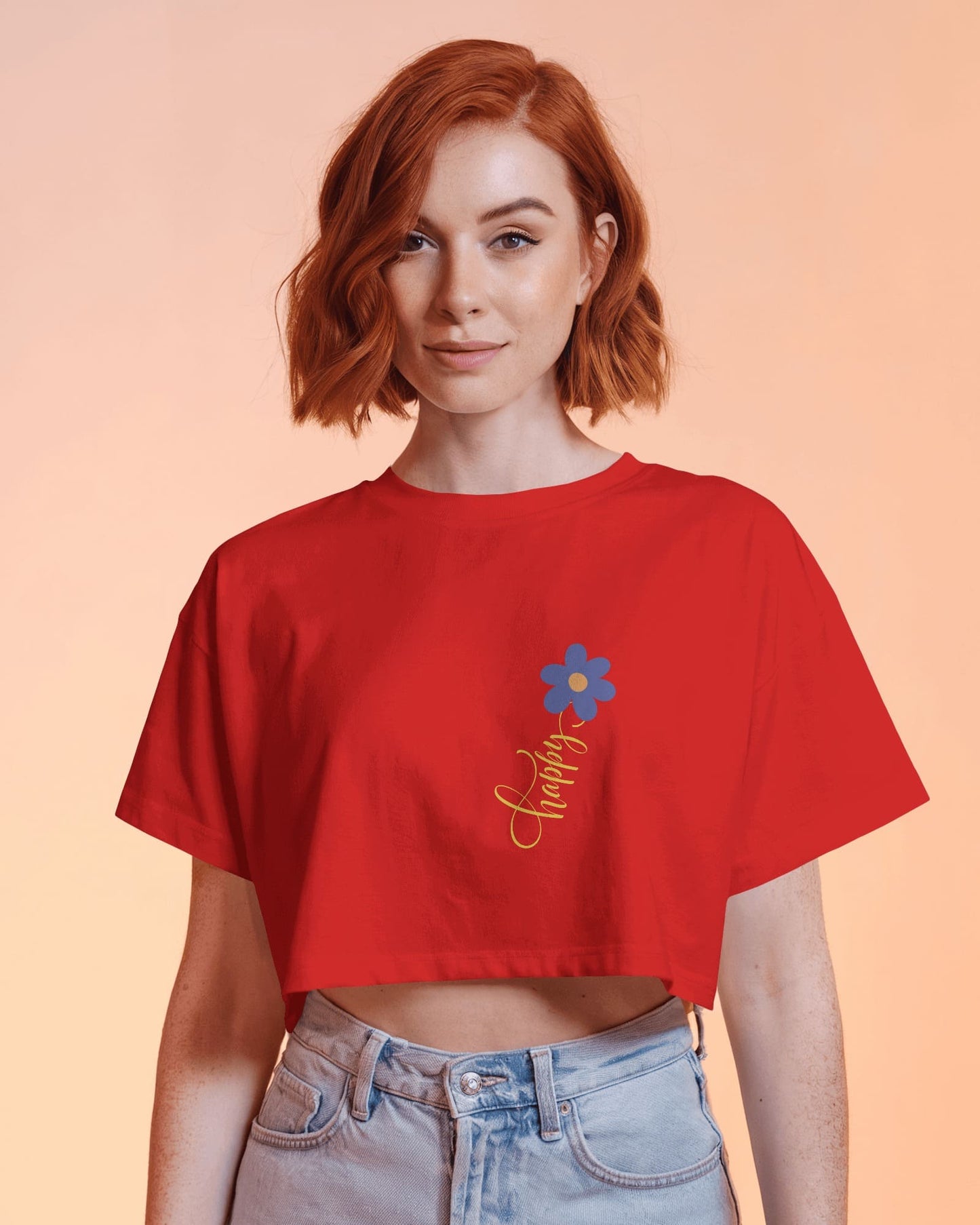 Happy Floral Women's Crop Tee | Casual Summer Top, Gift for Her, Trendy Cropped Shirt, Spring Fashion, Birthday Gift