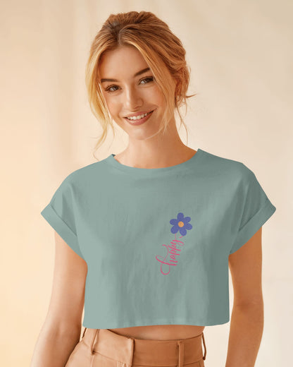 Happy Floral Women's Crop Tee | Casual Summer Top, Gift for Her, Trendy Cropped Shirt, Spring Fashion, Birthday Gift