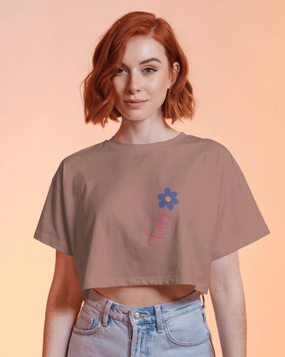 Happy Floral Women's Crop Tee | Casual Summer Top, Gift for Her, Trendy Cropped Shirt, Spring Fashion, Birthday Gift