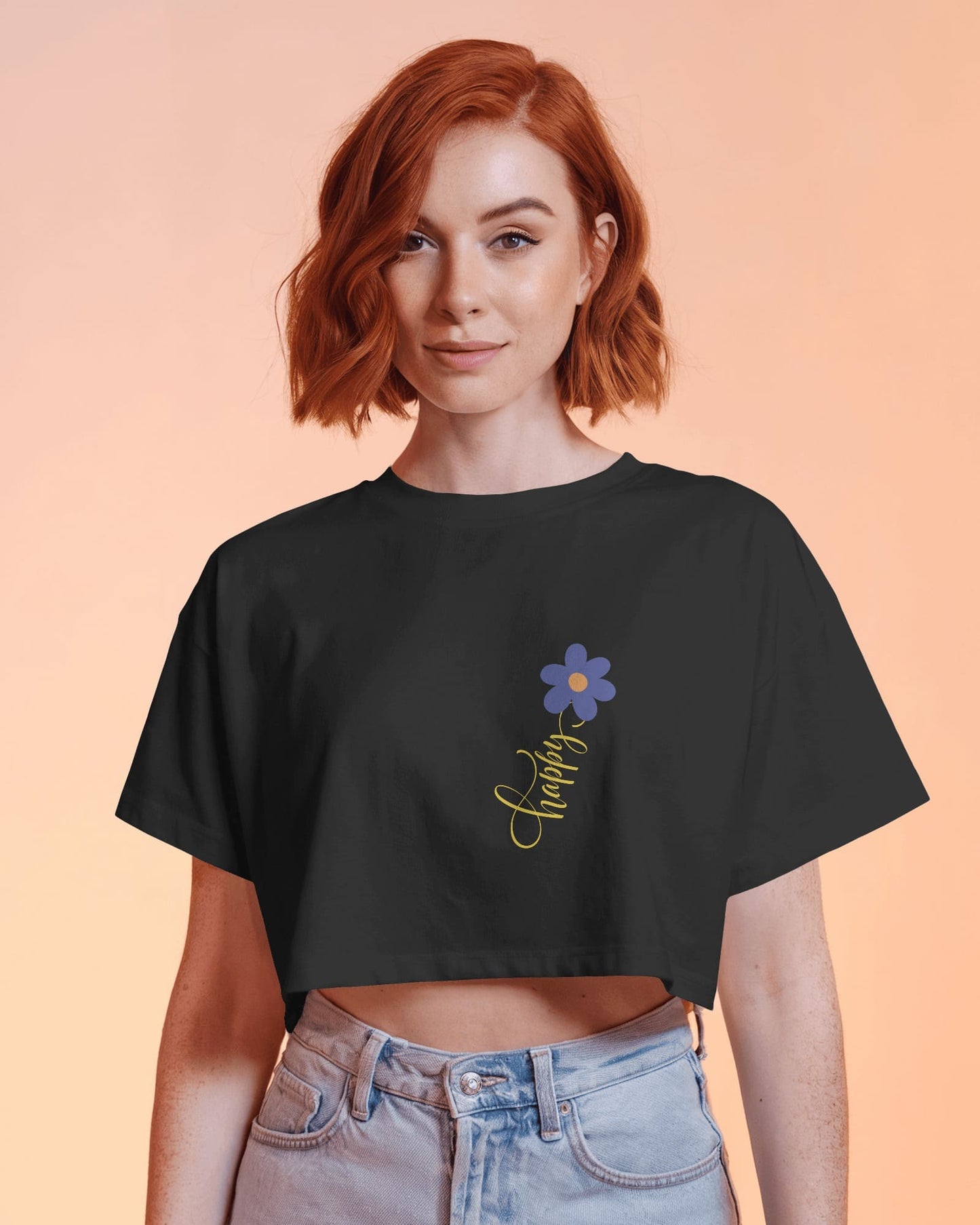 Happy Floral Women's Crop Tee | Casual Summer Top, Gift for Her, Trendy Cropped Shirt, Spring Fashion, Birthday Gift
