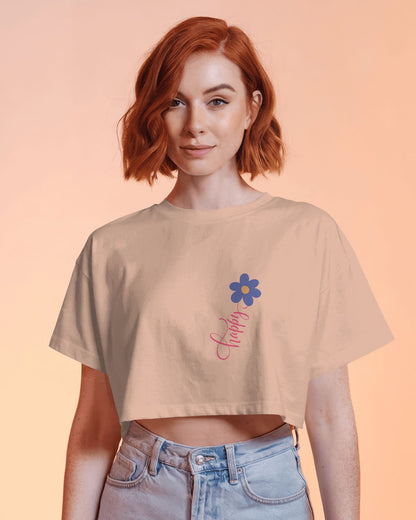 Happy Floral Women's Crop Tee | Casual Summer Top, Gift for Her, Trendy Cropped Shirt, Spring Fashion, Birthday Gift