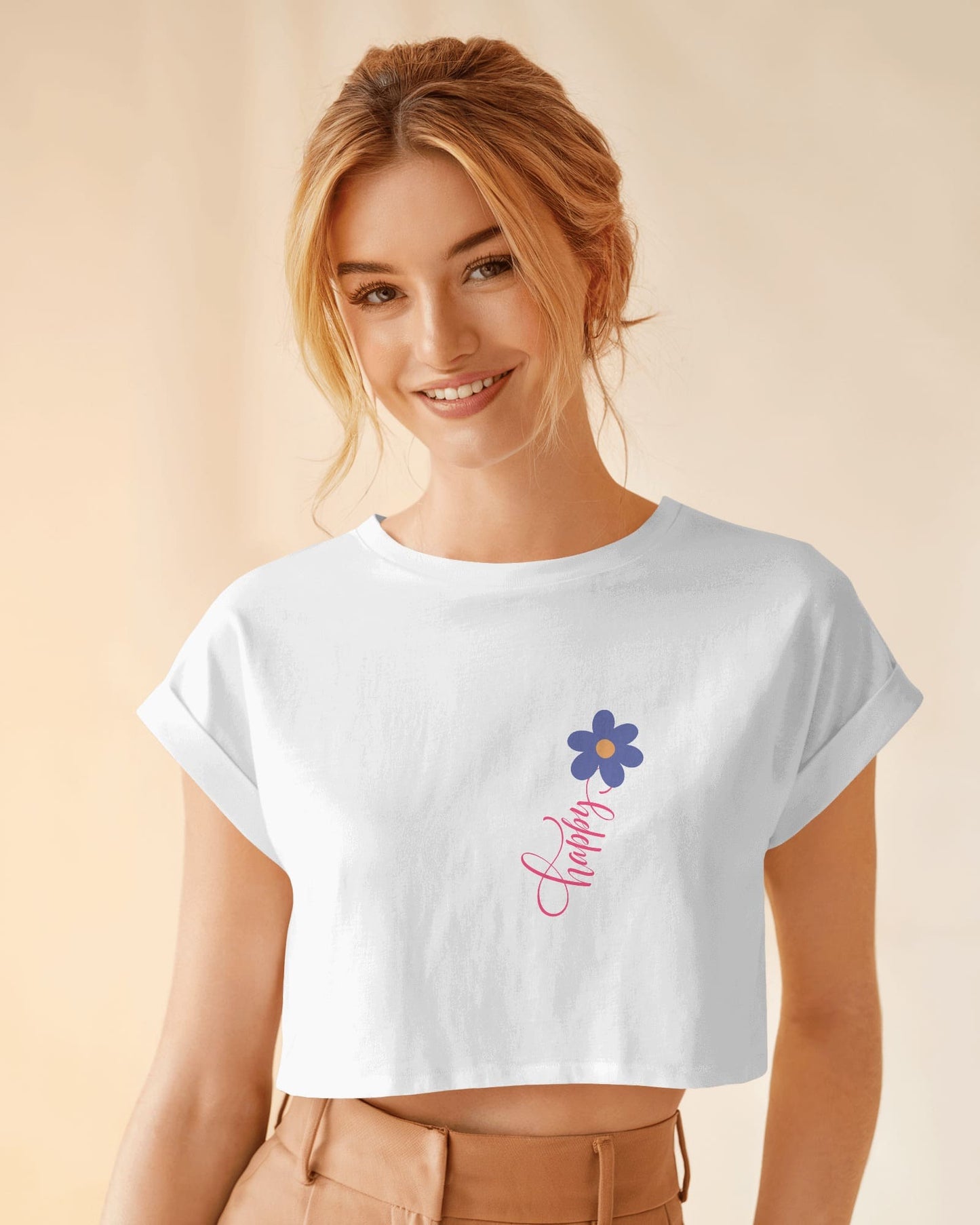 Happy Floral Women's Crop Tee | Casual Summer Top, Gift for Her, Trendy Cropped Shirt, Spring Fashion, Birthday Gift